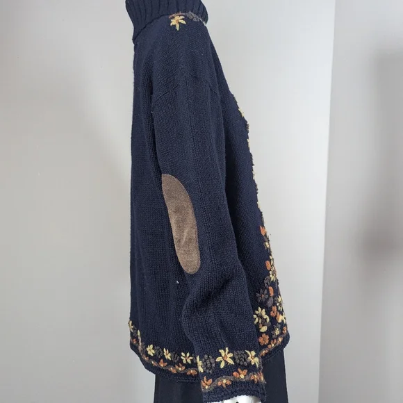 Women's cable knit wool turtle neck embroidered flowers Point Zero 90s M - Picture 8 of 12